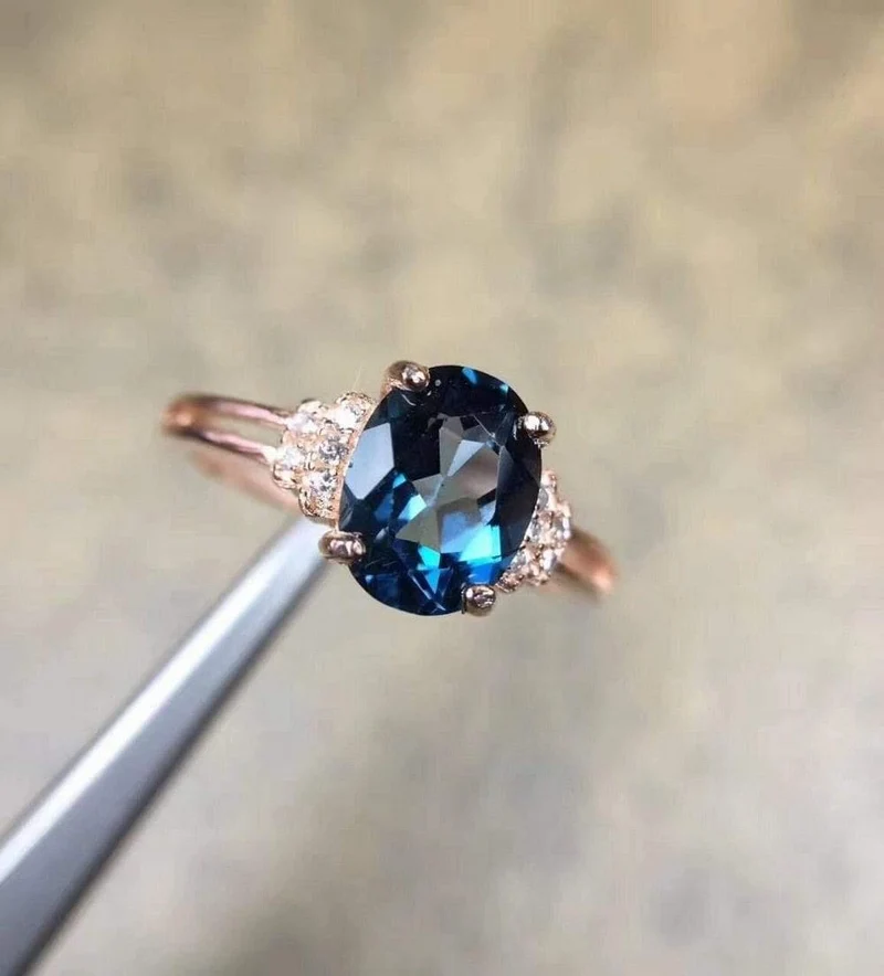 Natürlicher blauer Topas Edelstein S925 Sterling Silber Rose Glod Ring Diamant Damen Edler Schmuck