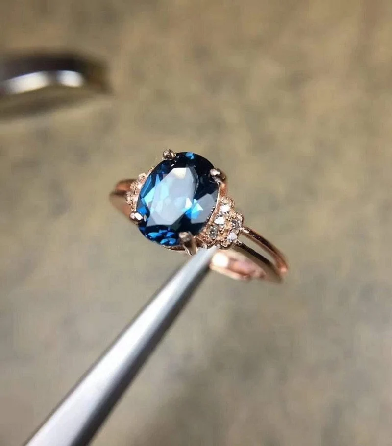 Natürlicher blauer Topas Edelstein S925 Sterling Silber Rose Glod Ring Diamant Damen Edler Schmuck