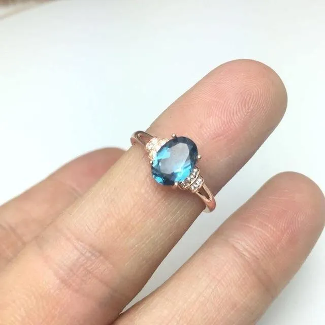 Natürlicher blauer Topas Edelstein S925 Sterling Silber Rose Glod Ring Diamant Damen Edler Schmuck