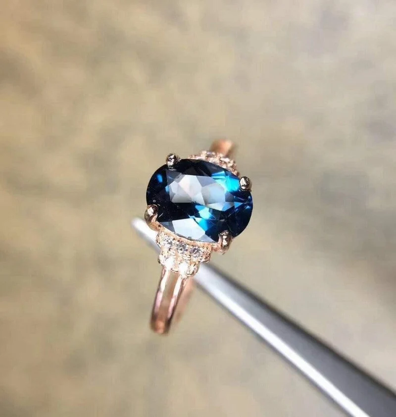 Natürlicher blauer Topas Edelstein S925 Sterling Silber Rose Glod Ring Diamant Damen Edler Schmuck