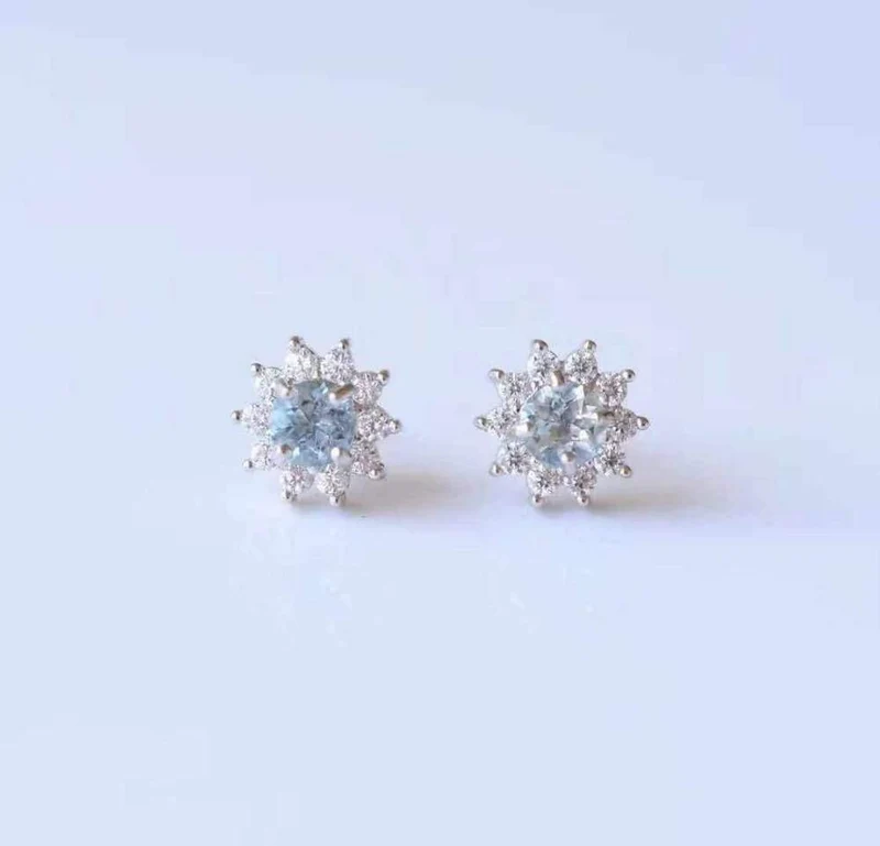 Natürlicher Aquamarin Rundschliff Diamant Hochzeit Ohrringe Schmuck Edelstein