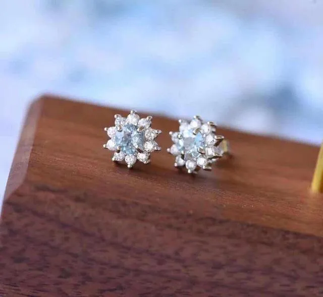 Natürlicher Aquamarin Rundschliff Diamant Hochzeit Ohrringe Schmuck Edelstein