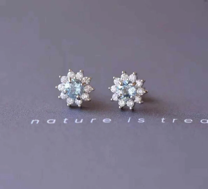 Natürlicher Aquamarin Rundschliff Diamant Hochzeit Ohrringe Schmuck Edelstein