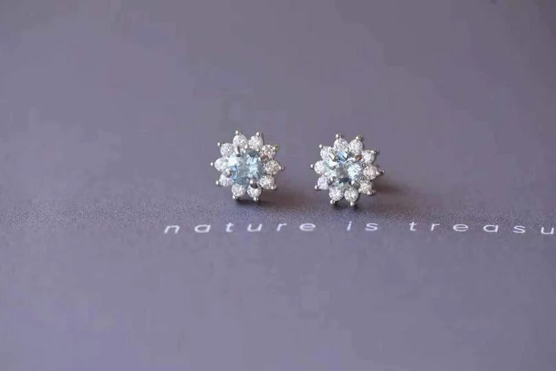 Natürlicher Aquamarin Rundschliff Diamant Hochzeit Ohrringe Schmuck Edelstein