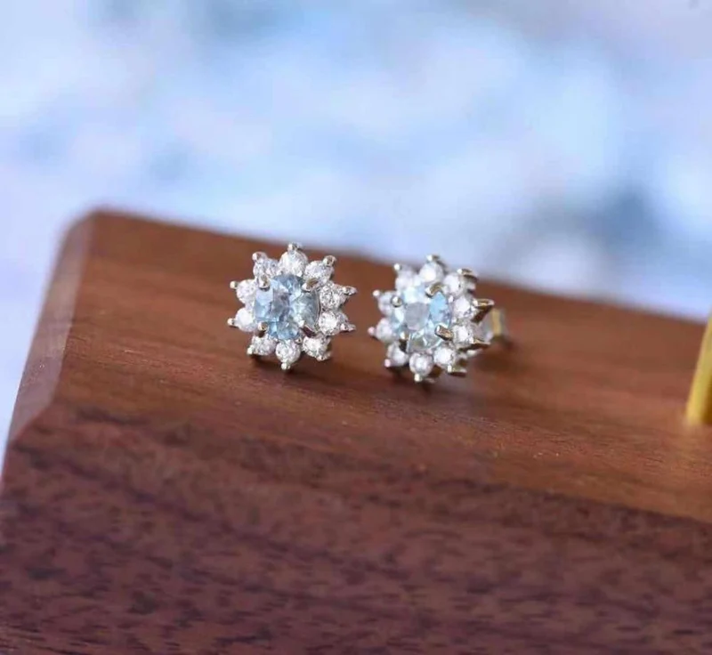 Natürlicher Aquamarin Rundschliff Diamant Hochzeit Ohrringe Schmuck Edelstein