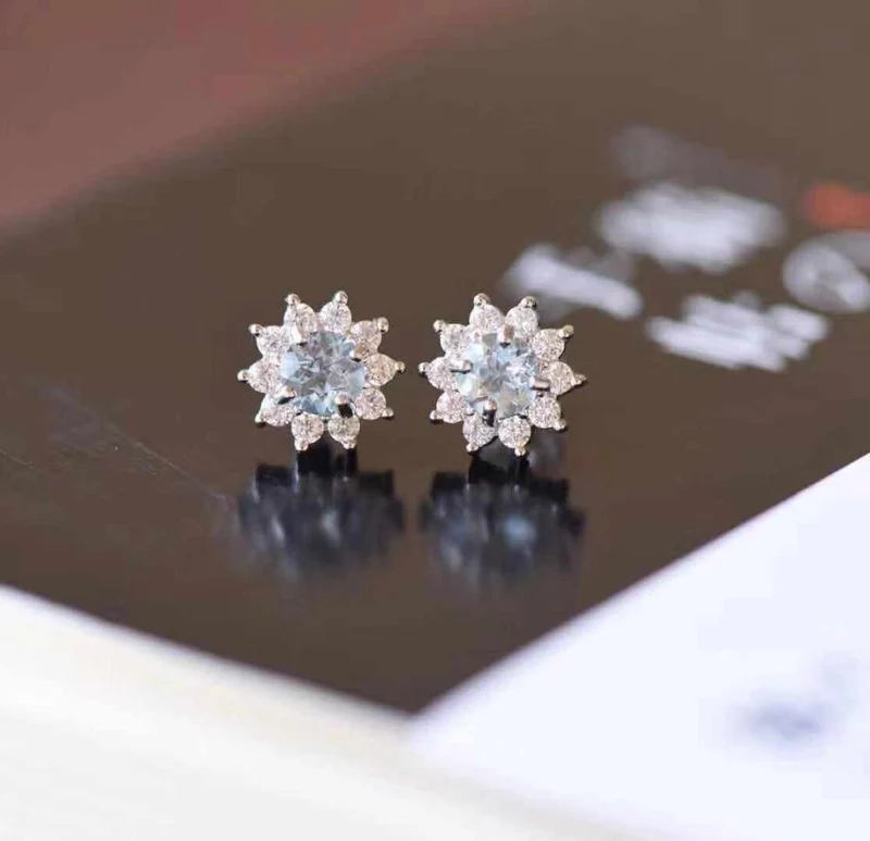 Natürlicher Aquamarin Rundschliff Diamant Hochzeit Ohrringe Schmuck Edelstein