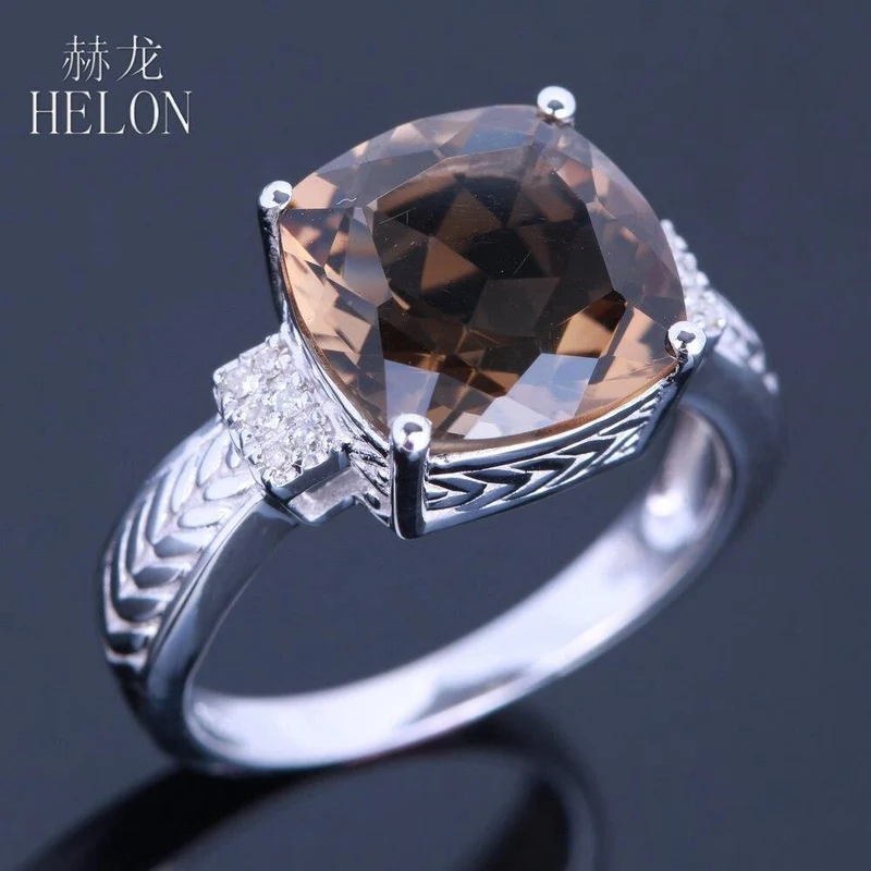 925 Makelloser 10x10mm Kissenschliff 4.78ct Rauchquarz Topas echter Diamanten Edelstein Schmuck Verlobungsring