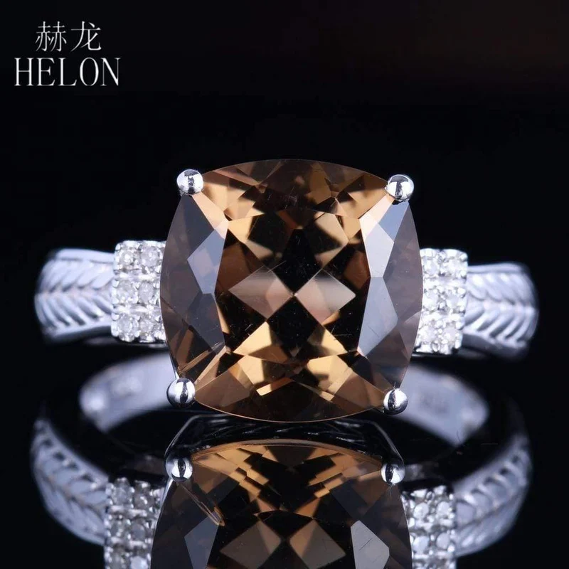 925 Makelloser 10x10mm Kissenschliff 4.78ct Rauchquarz Topas echter Diamanten Edelstein Schmuck Verlobungsring