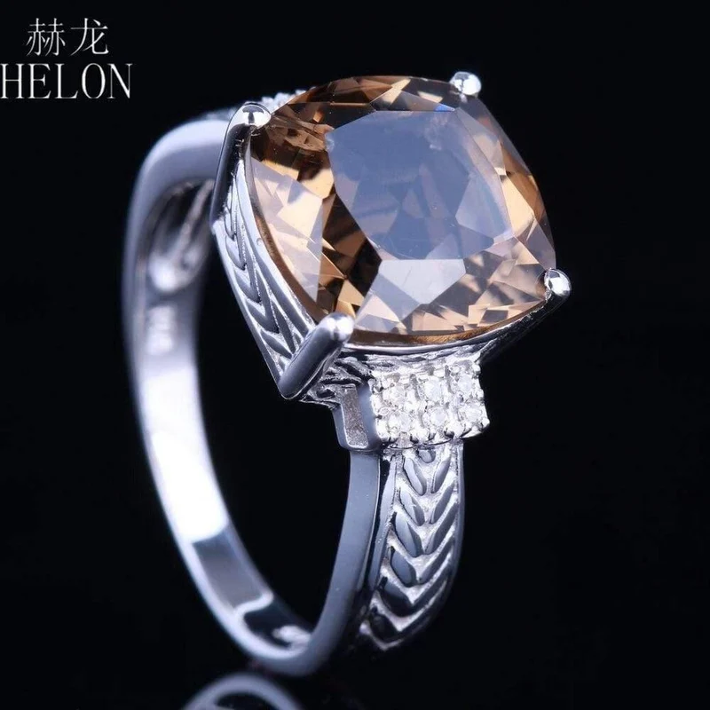925 Makelloser 10x10mm Kissenschliff 4.78ct Rauchquarz Topas echter Diamanten Edelstein Schmuck Verlobungsring
