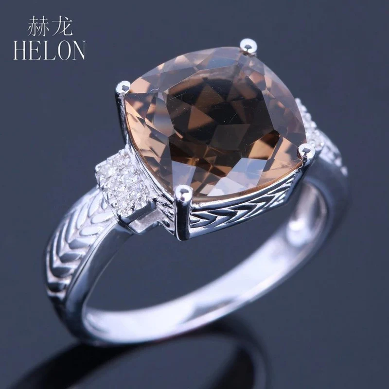 925 Makelloser 10x10mm Kissenschliff 4.78ct Rauchquarz Topas echter Diamanten Edelstein Schmuck Verlobungsring