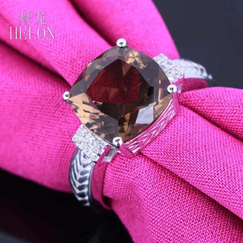 925 Makelloser 10x10mm Kissenschliff 4.78ct Rauchquarz Topas echter Diamanten Edelstein Schmuck Verlobungsring
