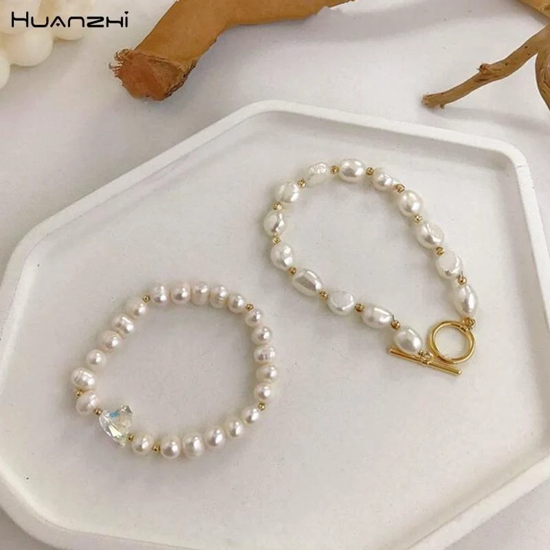 Koreanische neue runde Schnalle herzförmige natürliche Perle Vergoldung Armbänder für Frauen Mädchen Partei Schmuck Geschenke