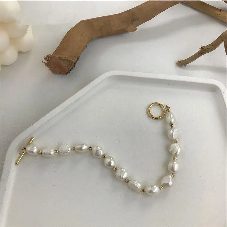 Koreanische neue runde Schnalle herzförmige natürliche Perle Vergoldung Armbänder für Frauen Mädchen Partei Schmuck Geschenke