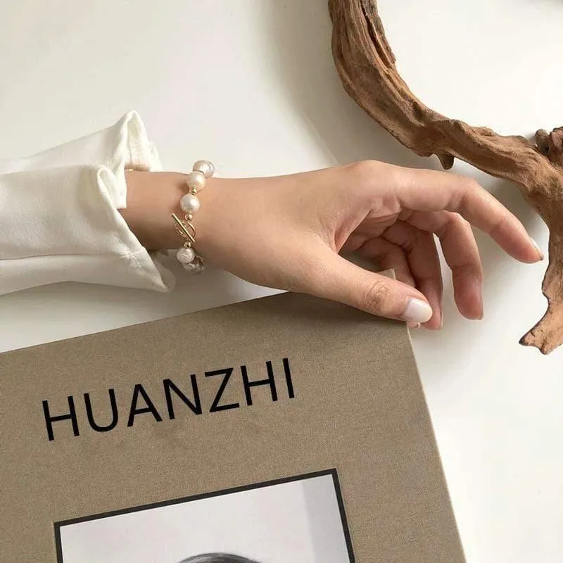Koreanische neue runde Schnalle herzförmige natürliche Perle Vergoldung Armbänder für Frauen Mädchen Partei Schmuck Geschenke
