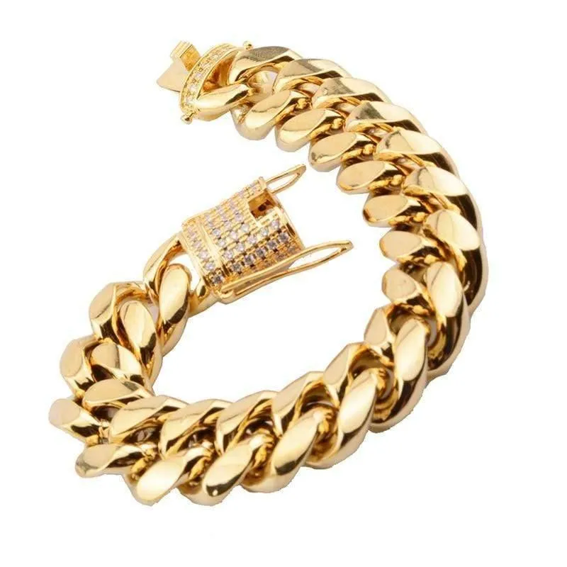 8 / 10 / 12 / 16 / 18mm Zirkon Stone Pave Edelstahl Gold Cuban Miami Chain & Link Armbänder für männliche Jungen Hip Hop Rock Schmuck
