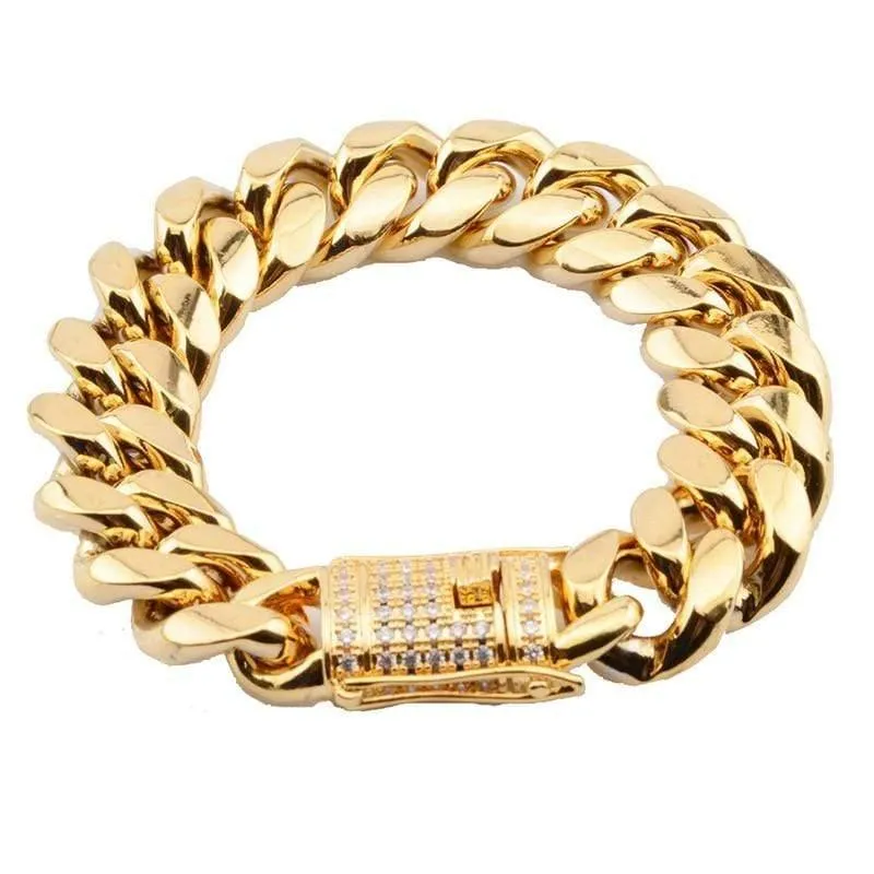 8 / 10 / 12 / 16 / 18mm Zirkon Stone Pave Edelstahl Gold Cuban Miami Chain & Link Armbänder für männliche Jungen Hip Hop Rock Schmuck