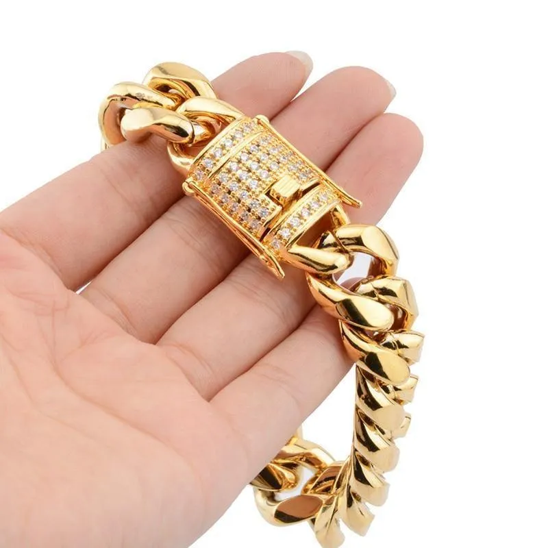 8 / 10 / 12 / 16 / 18mm Zirkon Stone Pave Edelstahl Gold Cuban Miami Chain & Link Armbänder für männliche Jungen Hip Hop Rock Schmuck