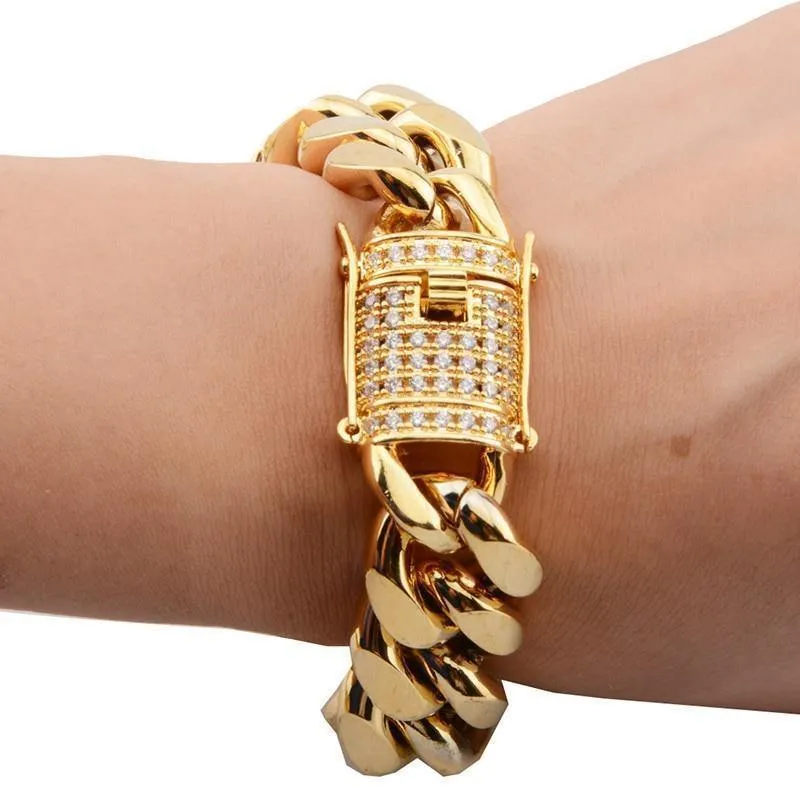 8 / 10 / 12 / 16 / 18mm Zirkon Stone Pave Edelstahl Gold Cuban Miami Chain & Link Armbänder für männliche Jungen Hip Hop Rock Schmuck