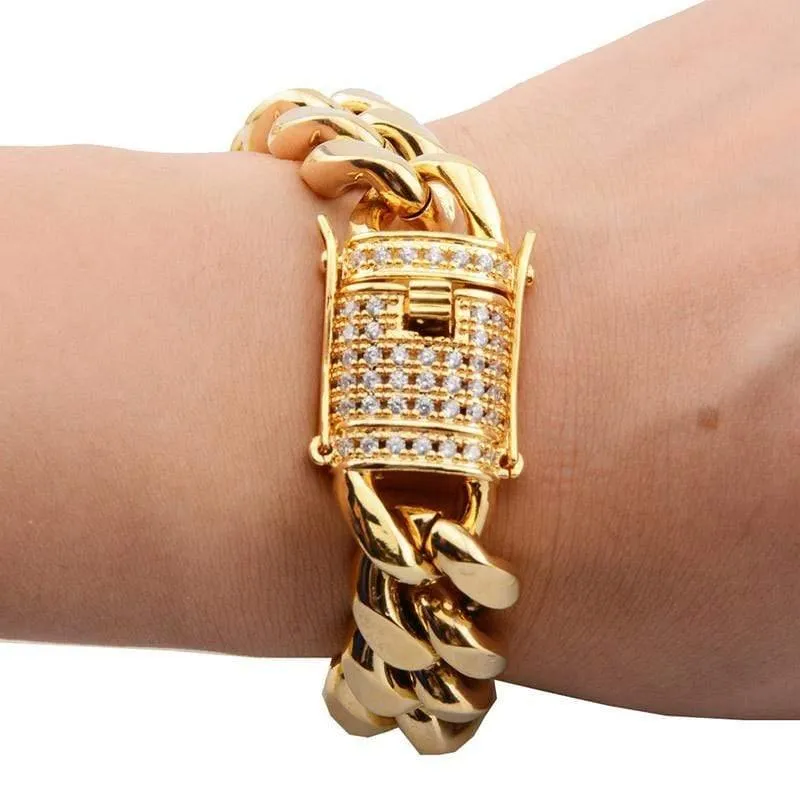 8 / 10 / 12 / 16 / 18mm Zirkon Stone Pave Edelstahl Gold Cuban Miami Chain & Link Armbänder für männliche Jungen Hip Hop Rock Schmuck