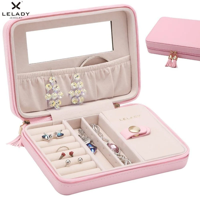18 * 5 * 13cm Tragbare Reise Kleine Schmuckschatulle Aufbewahrungsbox mit Spiegel Innenseite Schmuckschatulle aus Samtleder für Frauen