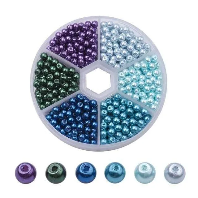 650 Stück/Box, 4 mm, perlmuttartige, runde Perlen, gemischte Farben, Glasperlen-Sets zur Schmuckherstellung, DIY-Halsketten und Armbänder, Loch: 1 mm