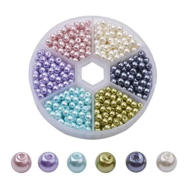 650 Stück/Box, 4 mm, perlmuttartige, runde Perlen, gemischte Farben, Glasperlen-Sets zur Schmuckherstellung, DIY-Halsketten und Armbänder, Loch: 1 mm