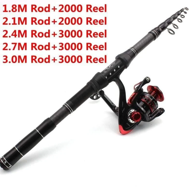 1.8 m 2.1 m 2.4 m 2.7 m 3.0 m Teleskop-Angelrute aus Kohlefaser, tragbare Spinnrute und Spinnrollen, Multifunktionsset