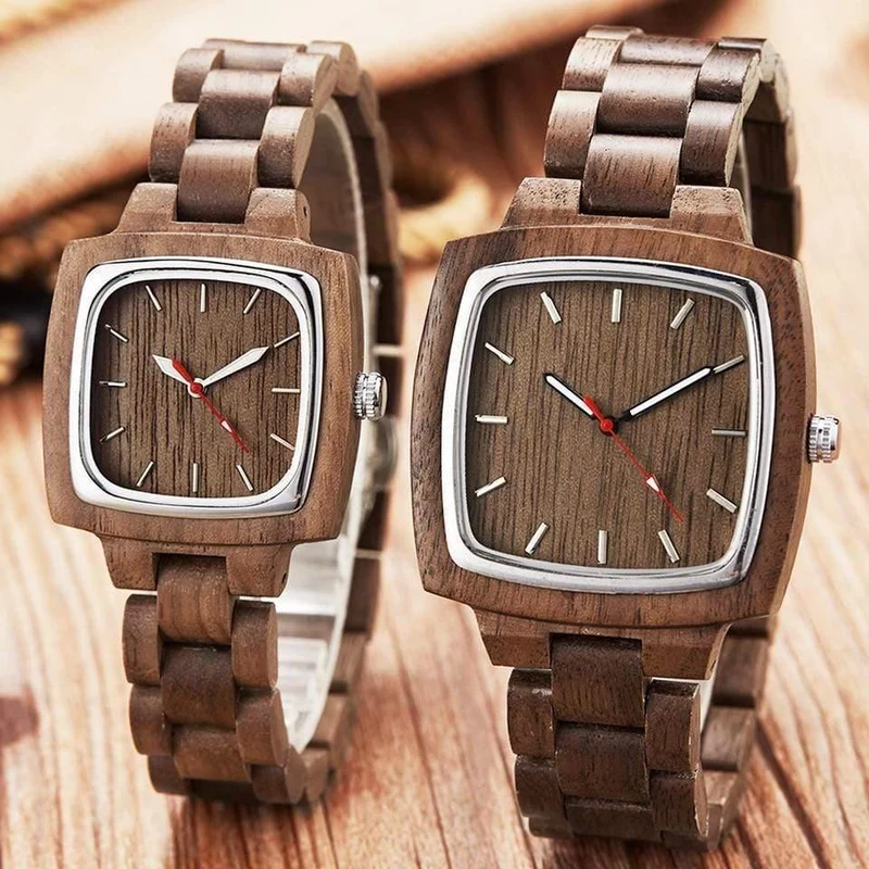 Paar Uhr Männer Frauen Liebhaber Geschenk Armbanduhren Männlich Weiblich Braun Nussbaum Holz Quadrat Zifferblatt Quarz Armbanduhr Reloj Uhr