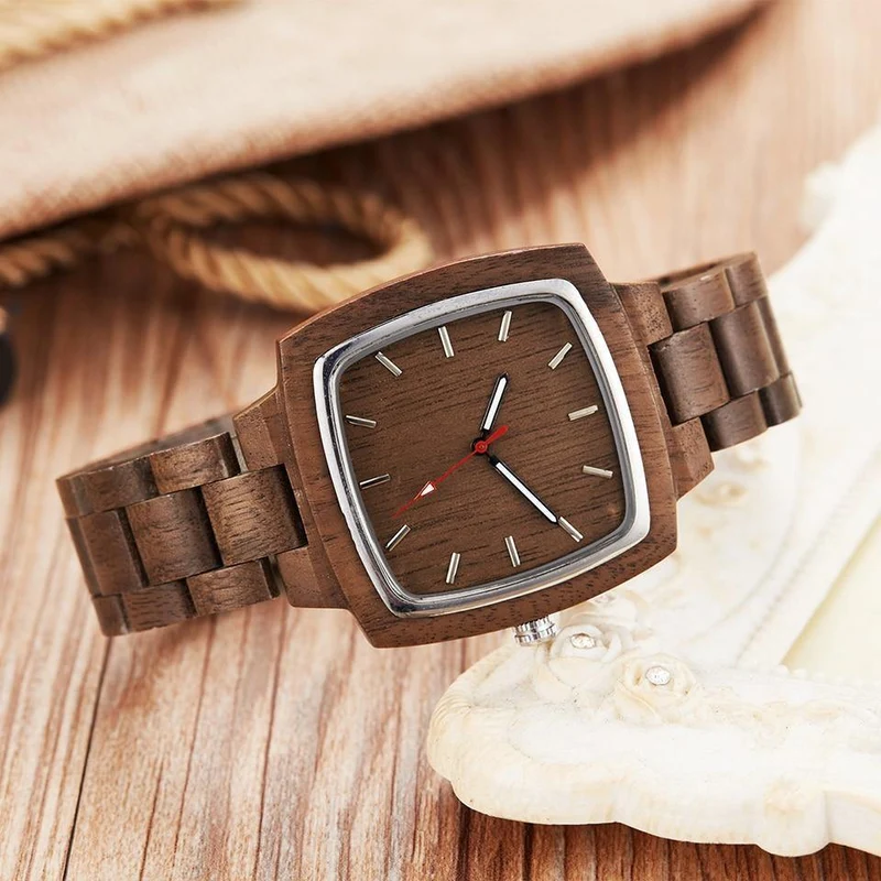 Paar Uhr Männer Frauen Liebhaber Geschenk Armbanduhren Männlich Weiblich Braun Nussbaum Holz Quadrat Zifferblatt Quarz Armbanduhr Reloj Uhr
