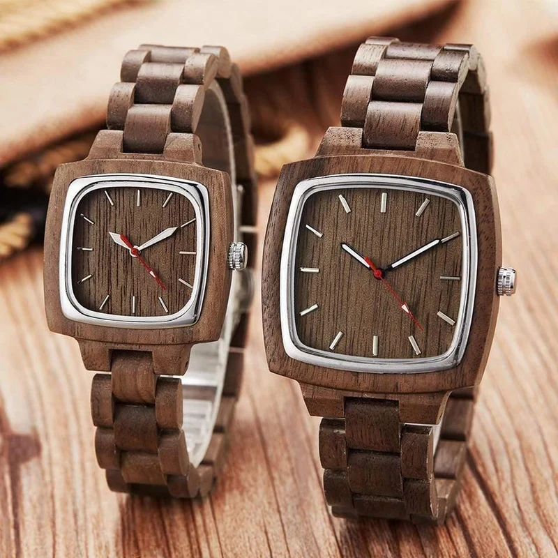 Paar Uhr Männer Frauen Liebhaber Geschenk Armbanduhren Männlich Weiblich Braun Nussbaum Holz Quadrat Zifferblatt Quarz Armbanduhr Reloj Uhr