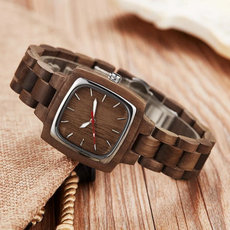 Paar Uhr Männer Frauen Liebhaber Geschenk Armbanduhren Männlich Weiblich Braun Nussbaum Holz Quadrat Zifferblatt Quarz Armbanduhr Reloj Uhr