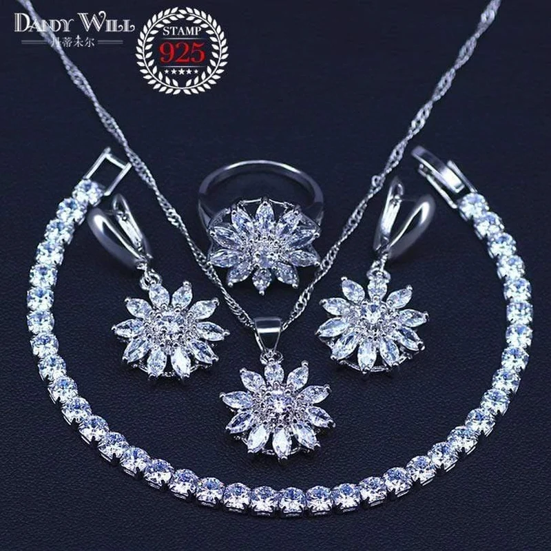 925 Sterling Silber Schmuck Sets Zirkonia Ohrringe Halskette Armband Ring Set Für Frauen