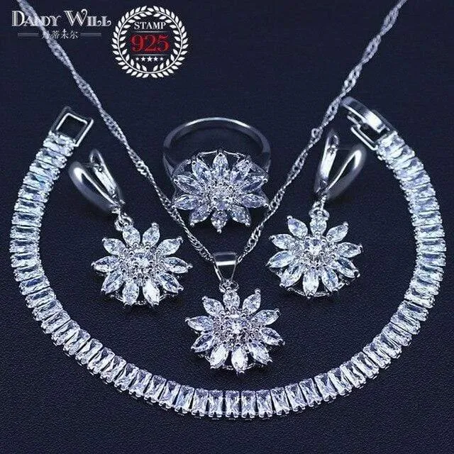925 Sterling Silber Schmuck Sets Zirkonia Ohrringe Halskette Armband Ring Set Für Frauen