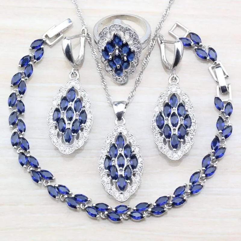 925 Silber-Sets mit Natursteinen, blauen CZ-Ohrringen/Anhänger und Halskette/Armband/Ring für Damenkostüm