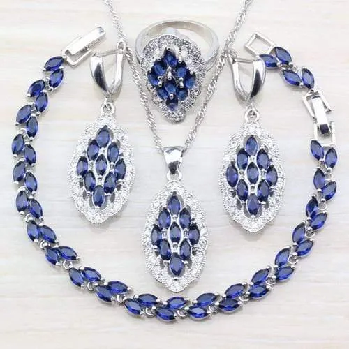 925 Silber-Sets mit Natursteinen, blauen CZ-Ohrringen/Anhänger und Halskette/Armband/Ring für Damenkostüm