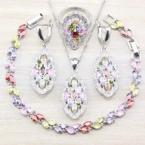 925 Silber-Sets mit Natursteinen, blauen CZ-Ohrringen/Anhänger und Halskette/Armband/Ring für Damenkostüm