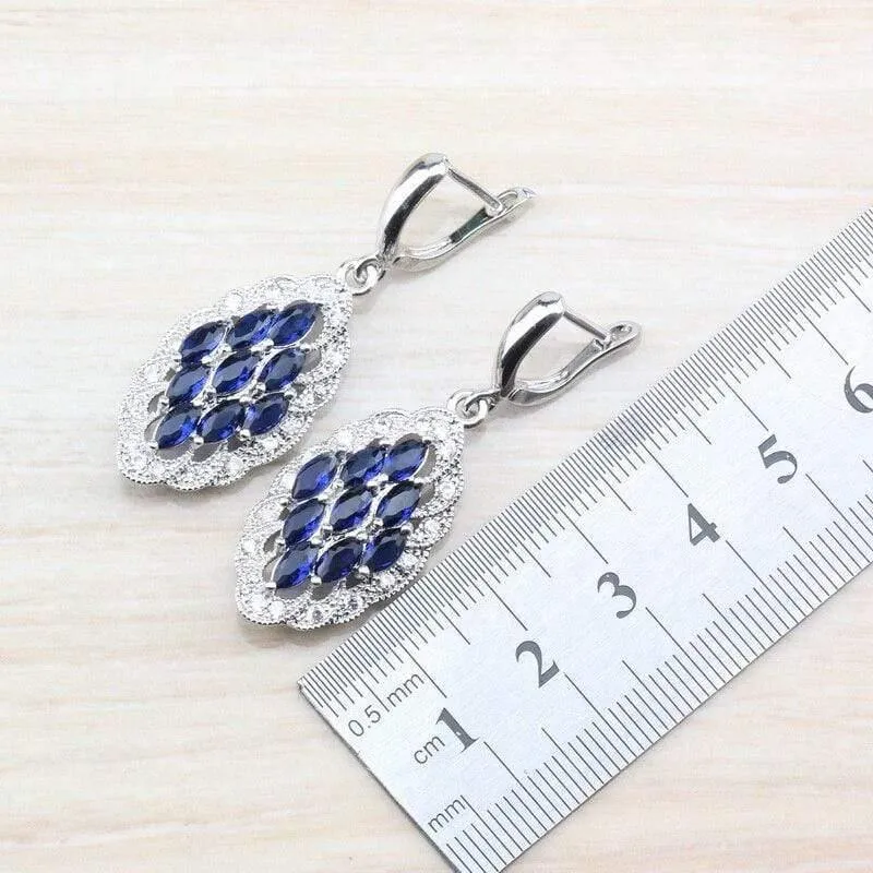 925 Silber-Sets mit Natursteinen, blauen CZ-Ohrringen/Anhänger und Halskette/Armband/Ring für Damenkostüm