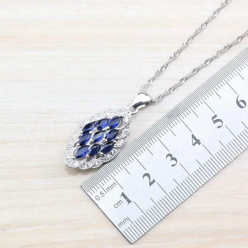 925 Silber-Sets mit Natursteinen, blauen CZ-Ohrringen/Anhänger und Halskette/Armband/Ring für Damenkostüm