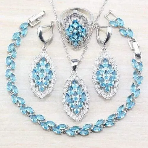 925 Silber-Sets mit Natursteinen, blauen CZ-Ohrringen/Anhänger und Halskette/Armband/Ring für Damenkostüm