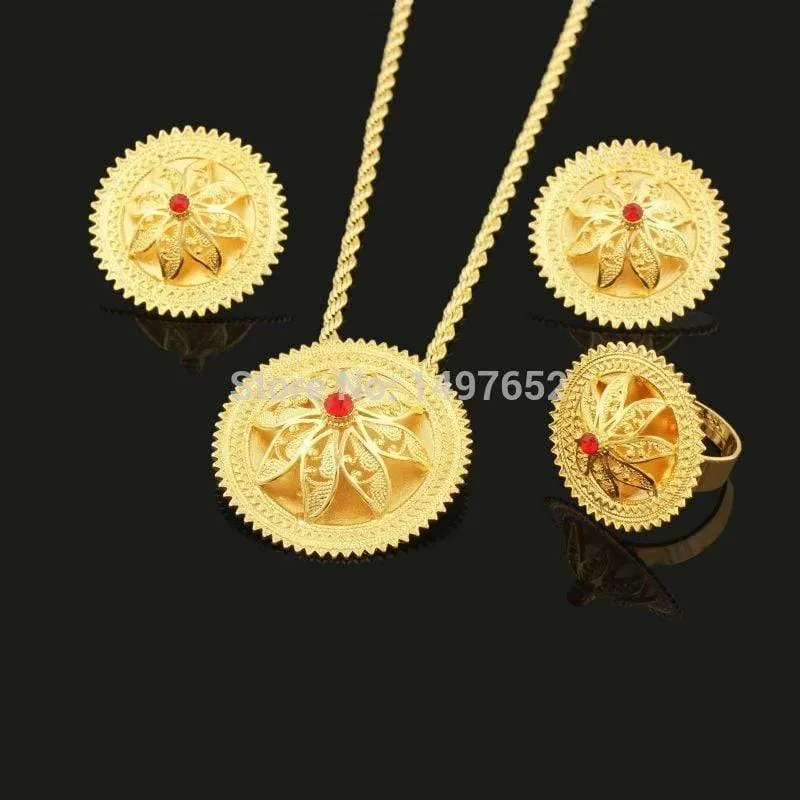 Halsketten-Anhänger/Ohrringe/Ring-Set, vergoldet, Habesha-Schmuck, afrikanischer Brautschmuck