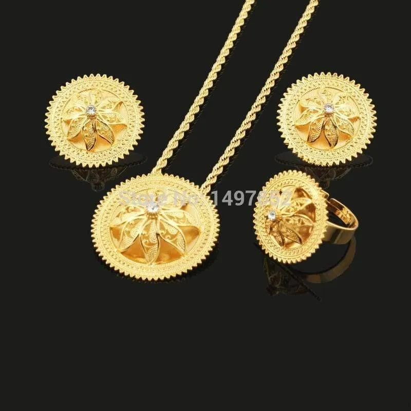Halsketten-Anhänger/Ohrringe/Ring-Set, vergoldet, Habesha-Schmuck, afrikanischer Brautschmuck