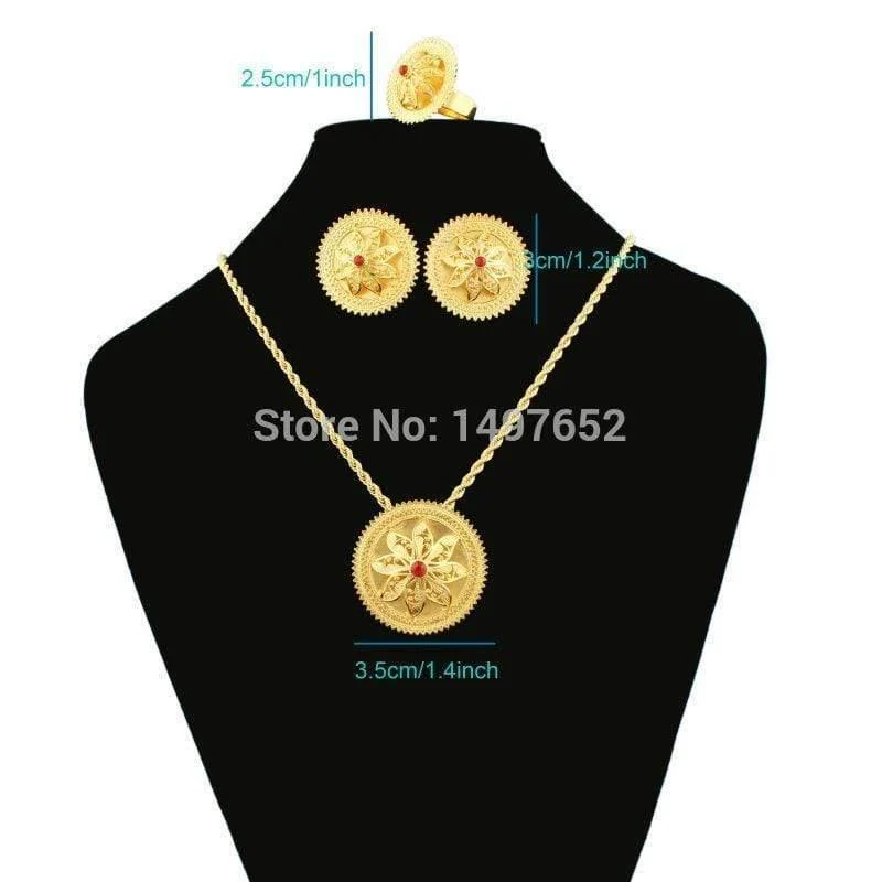 Halsketten-Anhänger/Ohrringe/Ring-Set, vergoldet, Habesha-Schmuck, afrikanischer Brautschmuck