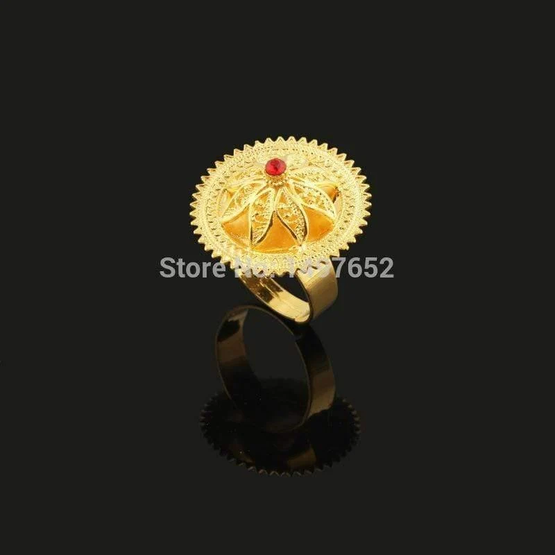 Halsketten-Anhänger/Ohrringe/Ring-Set, vergoldet, Habesha-Schmuck, afrikanischer Brautschmuck