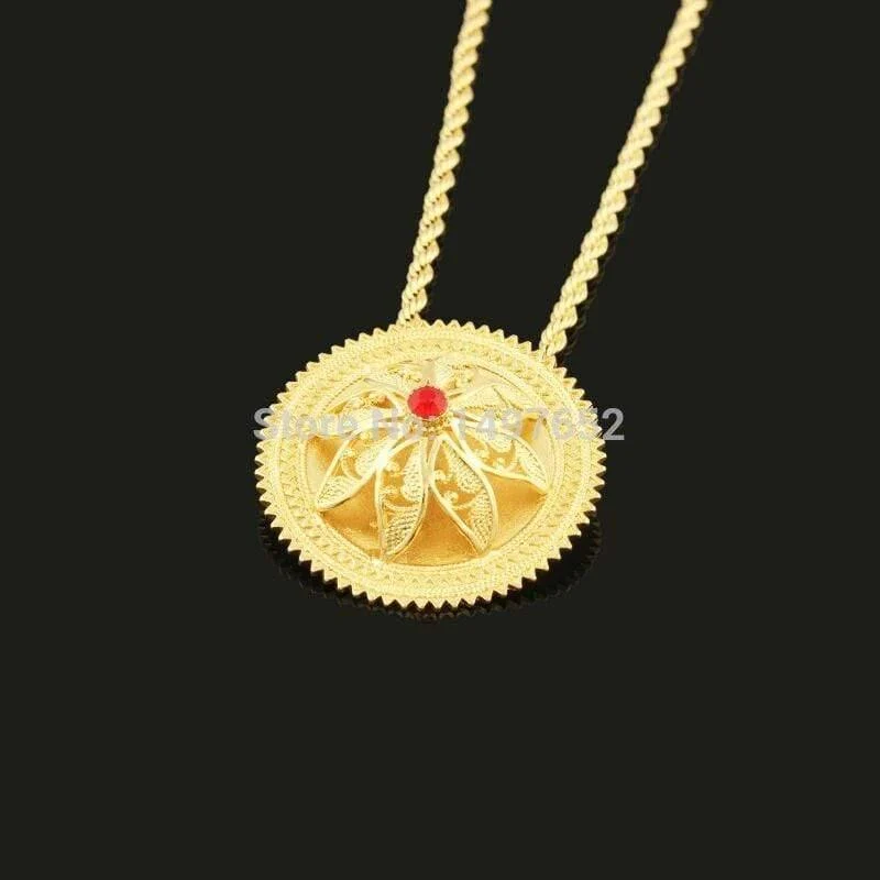 Halsketten-Anhänger/Ohrringe/Ring-Set, vergoldet, Habesha-Schmuck, afrikanischer Brautschmuck