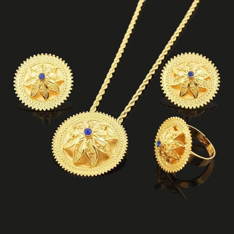 Halsketten-Anhänger/Ohrringe/Ring-Set, vergoldet, Habesha-Schmuck, afrikanischer Brautschmuck