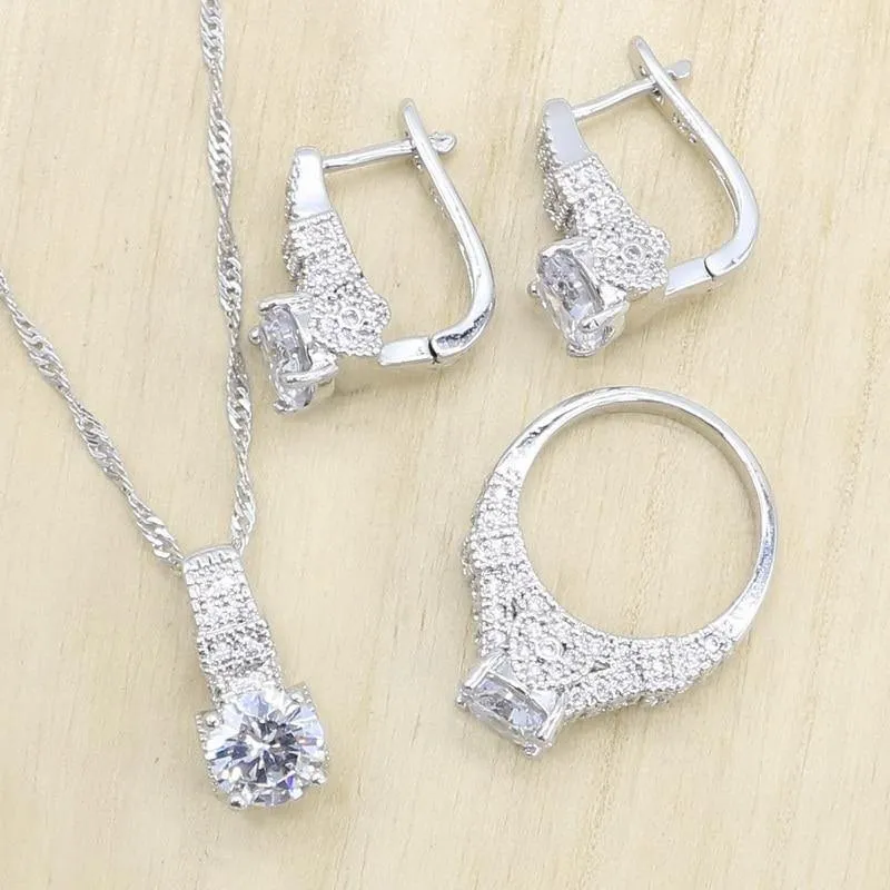 925 Silber Hochzeit Schmucksets für Frauen Creolen Ohrringe Ringe Halskette Anhänger Geburtstag Geschenkbox