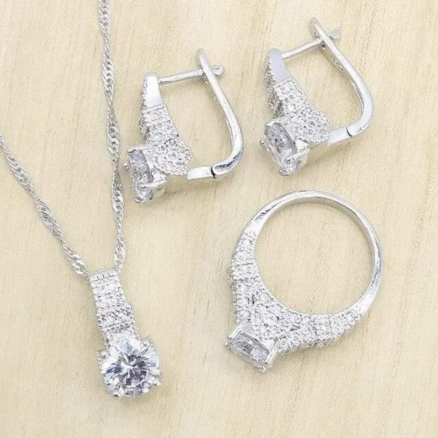 925 Silber Hochzeit Schmucksets für Frauen Creolen Ohrringe Ringe Halskette Anhänger Geburtstag Geschenkbox