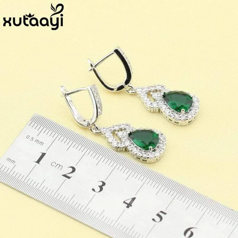 Grüner imitierter Smaragd 925 Silber Schmucksets Hochzeit Ohrringe Halskette Anhänger für Frauen