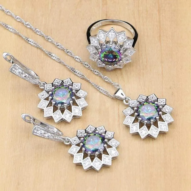 Zirkonia-Schmuckset für Frauen, Silber 925, Schmuck, Hochzeit, Ohrringe mit Stein, Ringe, Halsketten-Set