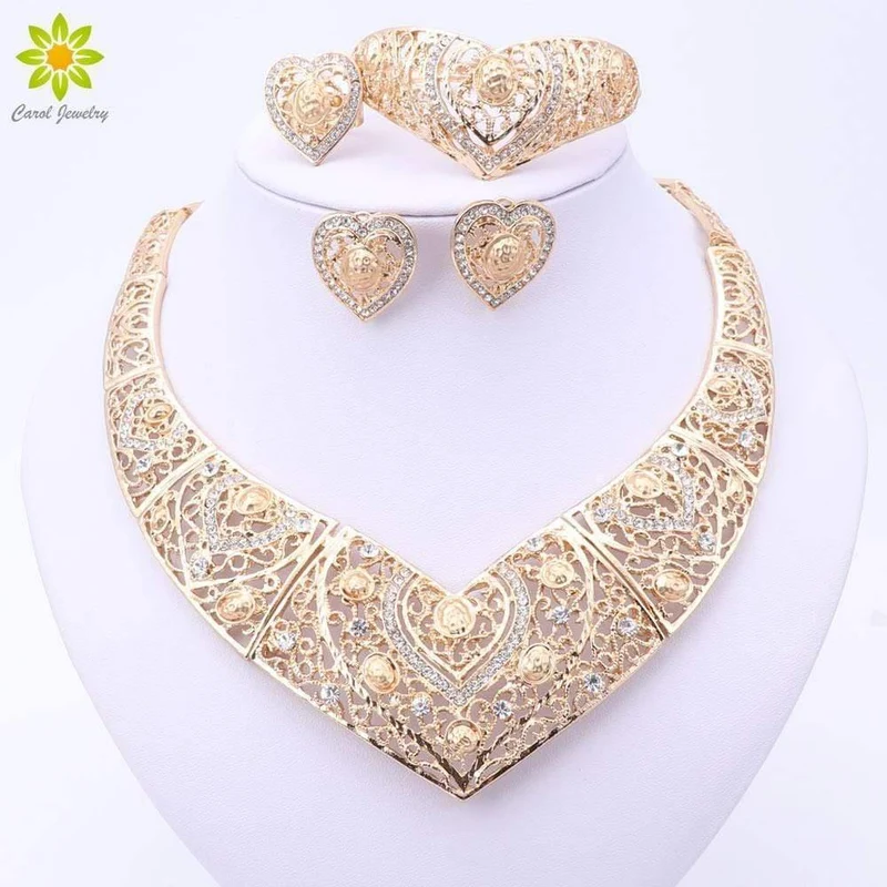 Hochzeit Braut Kostüm Schmuck Sets Dubai Indische Gold Farbe Herzförmige Halskette Ohrringe Ring Sets Für Frauen